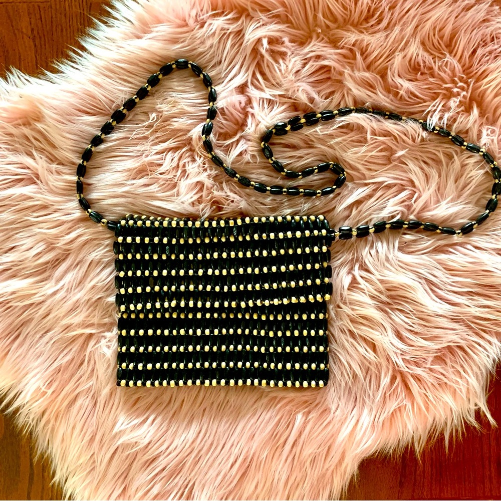 SIGRID OLSEN Boho Natural & Black Wood Beaded Clutch Shoulder Bag Purse Small